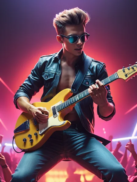 absurdres,masterpiece,sharp focus,extreme detail description,male focus,abs, A charismatic young man with a pompadour hairstyle, playing an electric guitar on a (neon-lit stage), the crowd cheering in the (smoky background). Art Style: magazine cover; Composition: concert scene; Artistic Style: Bubble Bobble; Art Type: Poster; Artistic Movement: Dadaism; Perspective: close-up; Fantasy elements: electrified aura; Light: stage lights, vibrant neon.