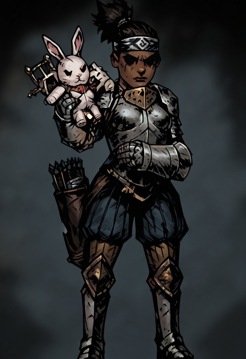 masterpiece, best quality, newest, absurdres, highres, TTCSV1.0, DDstyle, official style,
black eyes, shaded eyes,
1girl, DD-Arba-V1.0, dark-skinned female, dark skin, dredlocks, armor, breastplate, armor, headband, greaves, quiver, ponytail, pauldrons
holding mascot, mascot, rabbit, stuffed toy, stuffed animal, stuffed rabbit,