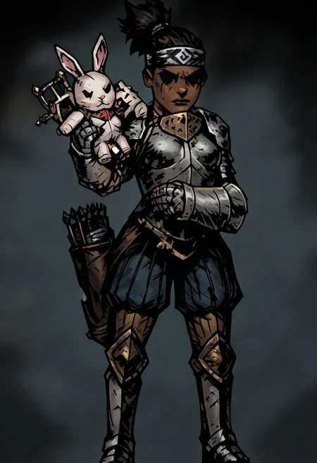 masterpiece, best quality, newest, absurdres, highres, TTCSV1.0, DDstyle, official style,
black eyes, shaded eyes,
1girl, DD-Arba-V1.0, dark-skinned female, dark skin, dredlocks, armor, breastplate, armor, headband, greaves, quiver, ponytail, pauldrons
holding mascot, mascot, rabbit, stuffed toy, stuffed animal, stuffed rabbit,