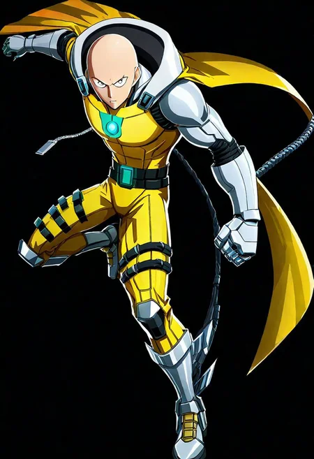 ncrender of saitama from one punch man as a cyborg hero of justice who can defeat any enemy in a single punch,simple background,black background