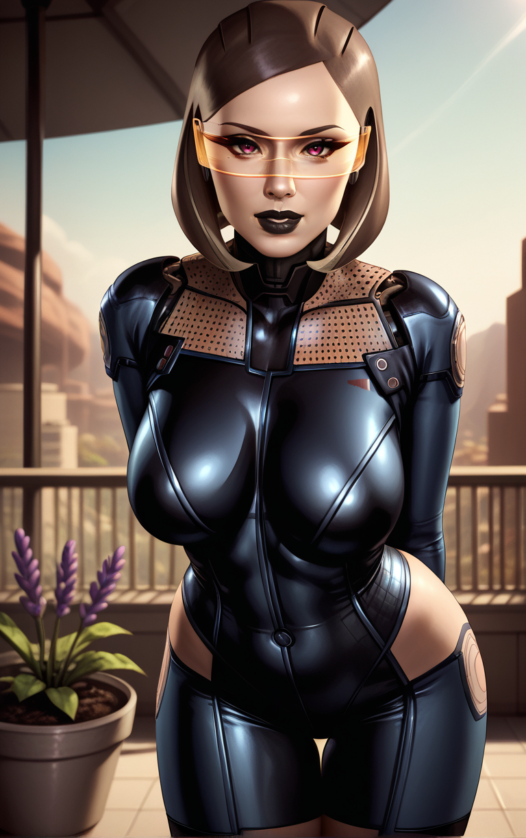 score_9, score_8_up, score_7_up, looking at viewer,  BREAK
BlackBodySuit_Edi_ownwaifu, 
1girl, brown eyes, glasses, tinted eyewear, black lips, lipstick, makeup, short hair, colored skin, large breasts,
black bodysuit, humanoid robot, science fiction, helmet, bodysuit, cyborg, leather, cyberpunk, mecha, android,  spacesuit,
(leaning forward, arms behind back), cowboy shot, garden, wisteria, outdoors, <lora:PONYXL_MassEffect_EDI_ownwaifu:0.85> , depth of field, solo,