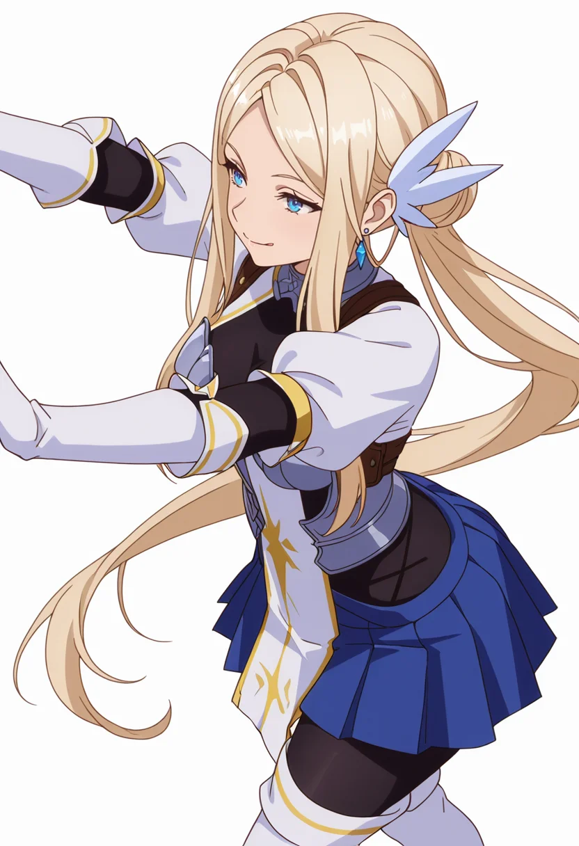 Smooth Quality,masterpiece,very intricate, high quality details, ultra realistic, high detailed skin,detailed enviorement,absurdres,
simple background, white background, dancing, solo,from above,
<lora:Krishna_CNR:0.8> krishna_cnr, 1girl,blonde hair,very long hair,single hair bun, sidelocks, parted bangs, blue eyes, breasts,white hair ornament, earrings,armor, breastplate, armored dress, blue skirt, pleated skirt,white gloves, black pantyhose,white thigh boots,, naughty face,, o o,