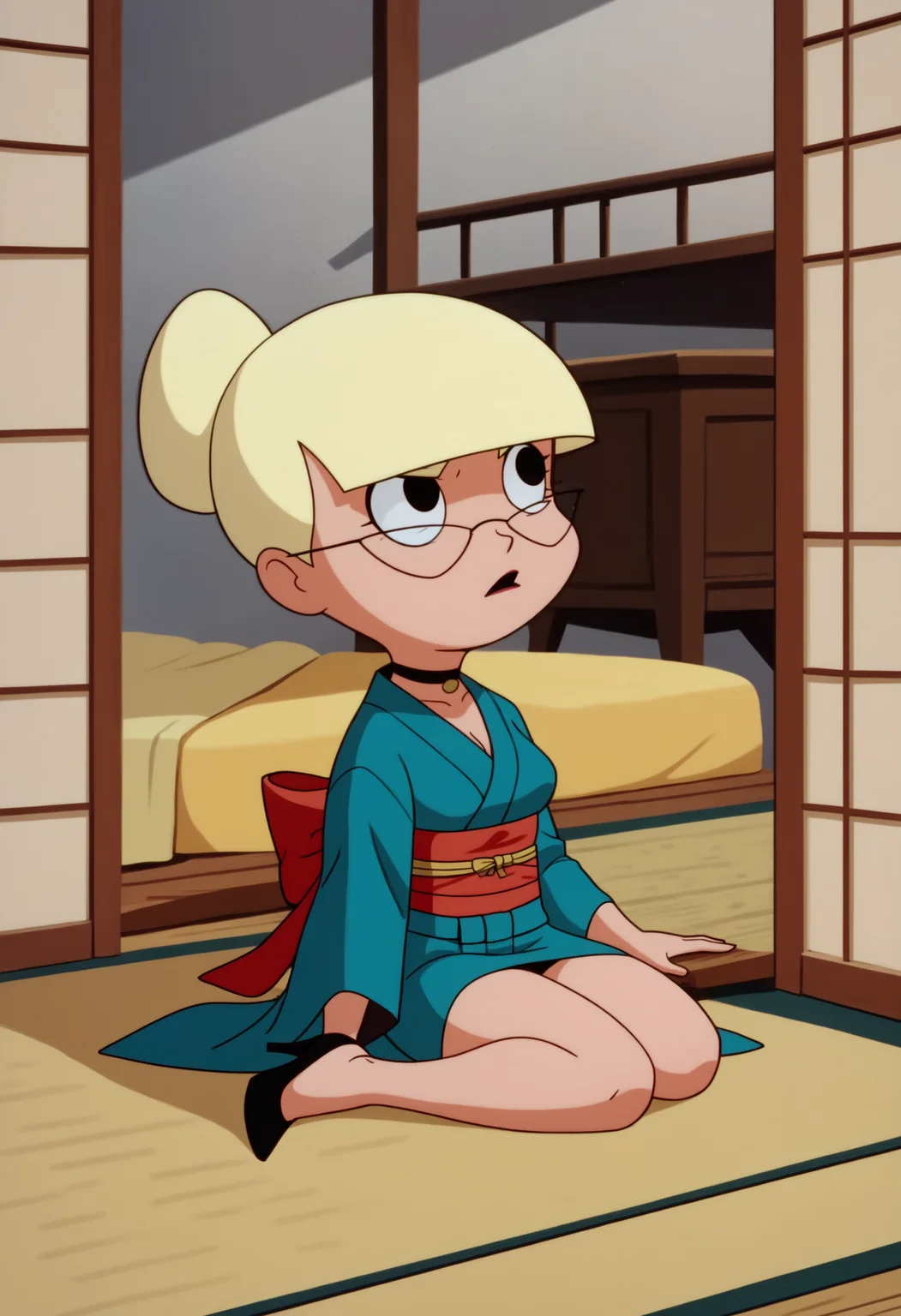 score_9, score_8_up, score_7_up, score_6_up, score_5_up, 1girl, solo, full body,
<lora:Mary Dahl Mature - Baby Doll (Batman the Animated Series - BTAS):1>
Mary_Dahl_Mature, (chibi:0.5), (very short, short), looking up, glasses, blonde hair, (hair bun, single hair bun), blunt bangs,
kimono, (medium breasts), choker, high heels, annoyed, slim, small legs, small ears,
high heels,
detailed background, indoors, bedroom,
<lora:add-detail-xl:0.9>
<lora:light:1> neolight