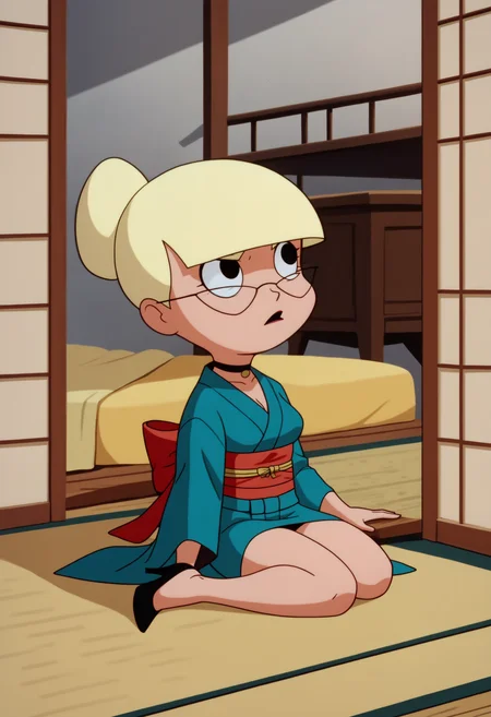 score_9, score_8_up, score_7_up, score_6_up, score_5_up,  1girl, solo, full body,
<lora:Mary Dahl Mature - Baby Doll (Batman the Animated Series - BTAS):1>
Mary_Dahl_Mature, (chibi:0.5), (very short, short), looking up, glasses, blonde hair, (hair bun, single hair bun), blunt bangs,
kimono, (medium breasts), choker, high heels, annoyed, slim, small legs, small ears,
high heels,
detailed background, indoors, bedroom,
<lora:add-detail-xl:0.9>
<lora:light:1> neolight