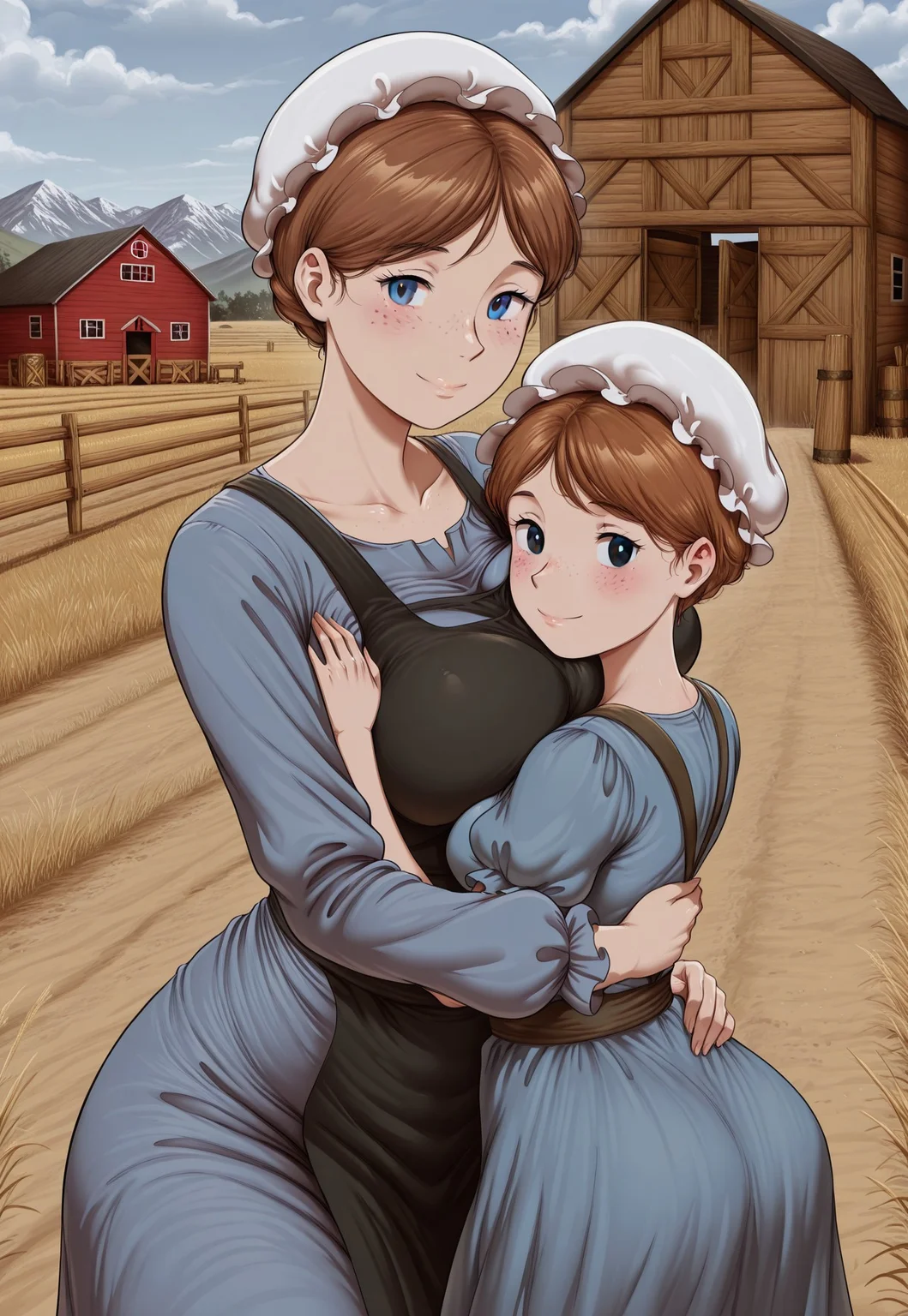 AmishWife, (1girl, short hair, brown hair, black eyes, mob cap, blue_dress, apron, long dress, long sleeves, voluptuous), (1girl, short hair, strawberry hair, grey eyes, freckles, mob cap, shirt, suspender dress, puffy short sleeves, petite, shortstack), 2girls, oyakodon, age difference, size difference, smile, looking at viewer, amish, outdoors, barn, field, hug, upper body, asymmetrical docking, hand on another's chest