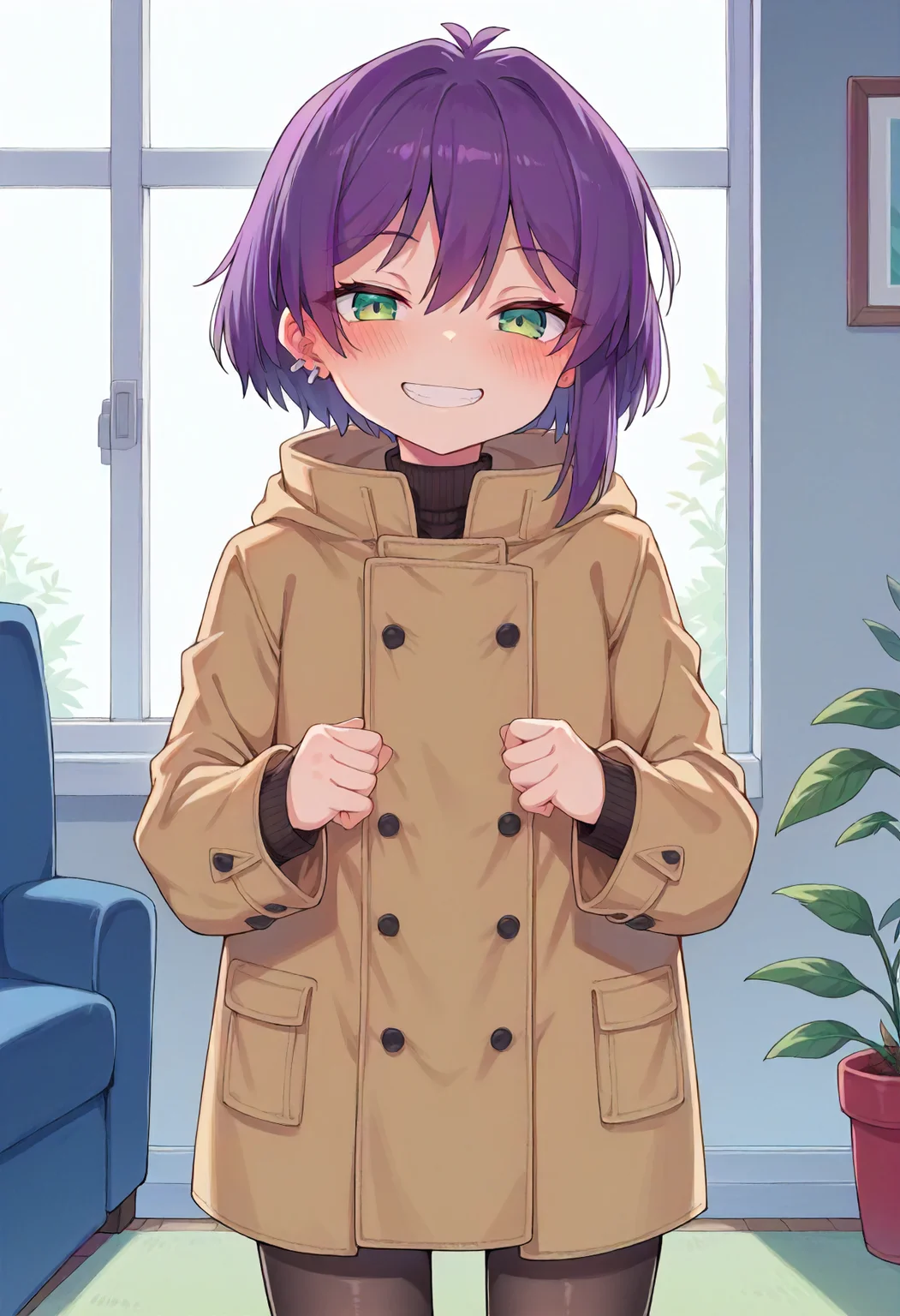 score_9, score_8_up, score_7_up, source_anime, masterpiece, <lora:Warui_Hito:1>, 1girl, solo, child, female child, purple hair, green eyes, ahoge, one earring, colored, beautiful colors,
long brown coat, black pantyhose,
standing, looking at viewer, blush, sensual, seductive, suggestive, mischievous grin,
indoors, living room, <lora:Warui_Hito:1>