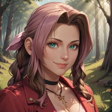 score_9, score_8, BREAK, solo, Aerith Gainsborough, brown hair, braided ponytail, pink hair bow, choker, necklace, red cropped jacket, short sleeves, pink dress, long dress, brown boots,, sexy pose, self portrait, smile, outdoors, sunlight, shadows, evening lighting, natural lighting, forest, trees, grass, orange sky, sunset