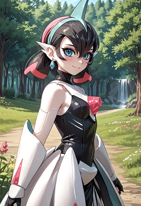 score_4,score_5,score_6,score_7_up,score_8_up,score_9 ((masterpiece,best quality,ultra detailed,highres,HD,4k:1.2)),
1 girl,solo,face focus,
((ironvaliantsv,pokemon (creature), solo,colored skin, white skin:1.2)),
short hair,black hair,multicolored hair,Inner color pink hair,blue eyes,tattoo,black head gear,earrings,small breast,
outdoors,in the forest,day,
standing,
smile,.blush,light smile,