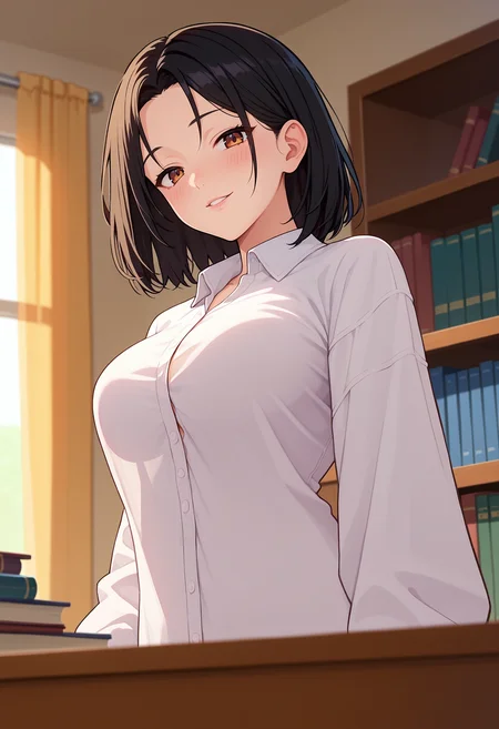 score_9, score_8_up, score_7_up, anime screencap, source_anime, 1girl, solo,
<lora:Mesu_Mama_Sanjuurou_V1:.85>, KJOmesumama, black hair, brown eyes, medium hair,
bedroom, bookshelf, wardrobe, desk, seductive smile, blush, parted lips,
white oversized shirt, dress shirt, sleeves past wrists, black pantyhose, no pants, from below, looking at viewer,
(Beautiful, large Breasts:1.2),