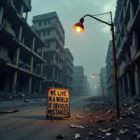 A ruined, post apocalyptic city. Destroyed buildings are blackened from fires. The sky is cloudy and blackened. A light shines from a bent, damaged lamppost onto a fallen broken sign on the ground that says 'We live in a world of obvious mistakes'
Realistic art, photo, realistic, movie, CGI
