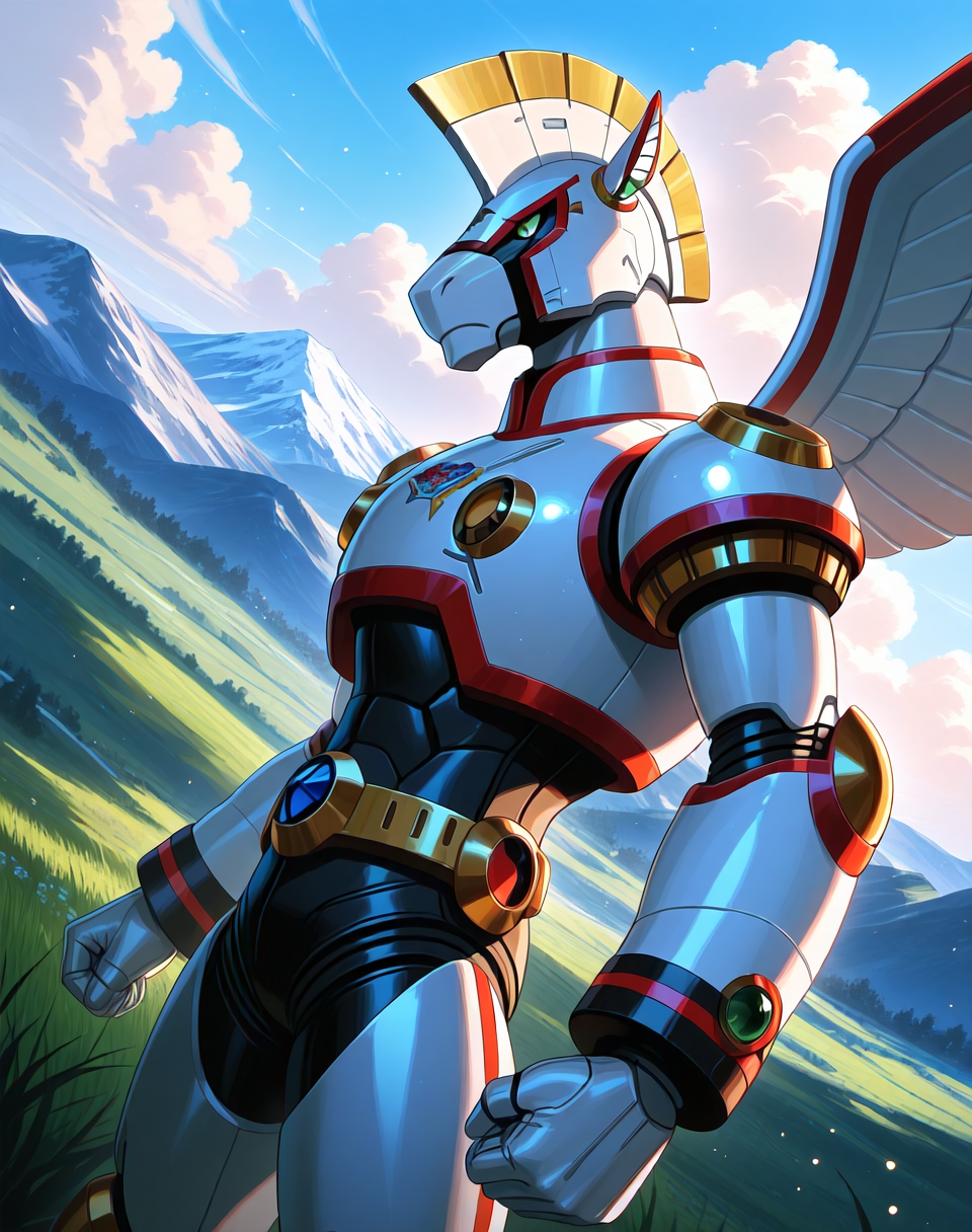 <lora:Spiral_Pegasus_(Mega_Man_X)_(Illustrious)_(AD):1> Spiral Pegasus, reploid, MMX, 
exterior, blue sky with clouds, mountain valley, grassy valley,
dutch angle, dynamic action, cowboy shot, 
male focus, intense shadows, dynamic shadows, intricate details, attention to details, gradient coloring, robot, bright vivid colors, deep metallic colors, glossy metal body, hyper muscular, 
BREAK very awa, masterpiece, best quality, amazing quality, very aesthetic, highres, absurdres,
EZRealPONYXL, zPDXL, Smooth Quality, lazynsfw,