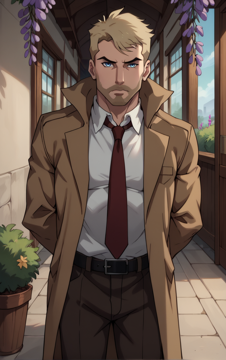 score_9, score_8_up, score_7_up, looking at viewer,  BREAK
DCAU_JL_JohnConstantine_ownwaifu, 
1boy, blonde hair, blue eyes, male focus, short hair, facial hair, mustache, 
red necktie, trench coat, white shirt, collared shirt, open coat, brown coat, belt, pants, coat, long sleeves, beard, brown jacket, formal, brown pants, popped collar, black belt, long coat
(leaning forward, arms behind back), cowboy shot, garden, wisteria, outdoors, <lora:PONYXL_DCAU_JL_JohnConstantine_ownwaifu:0.85> , depth of field, solo, Interesting Image, Captivating Image,