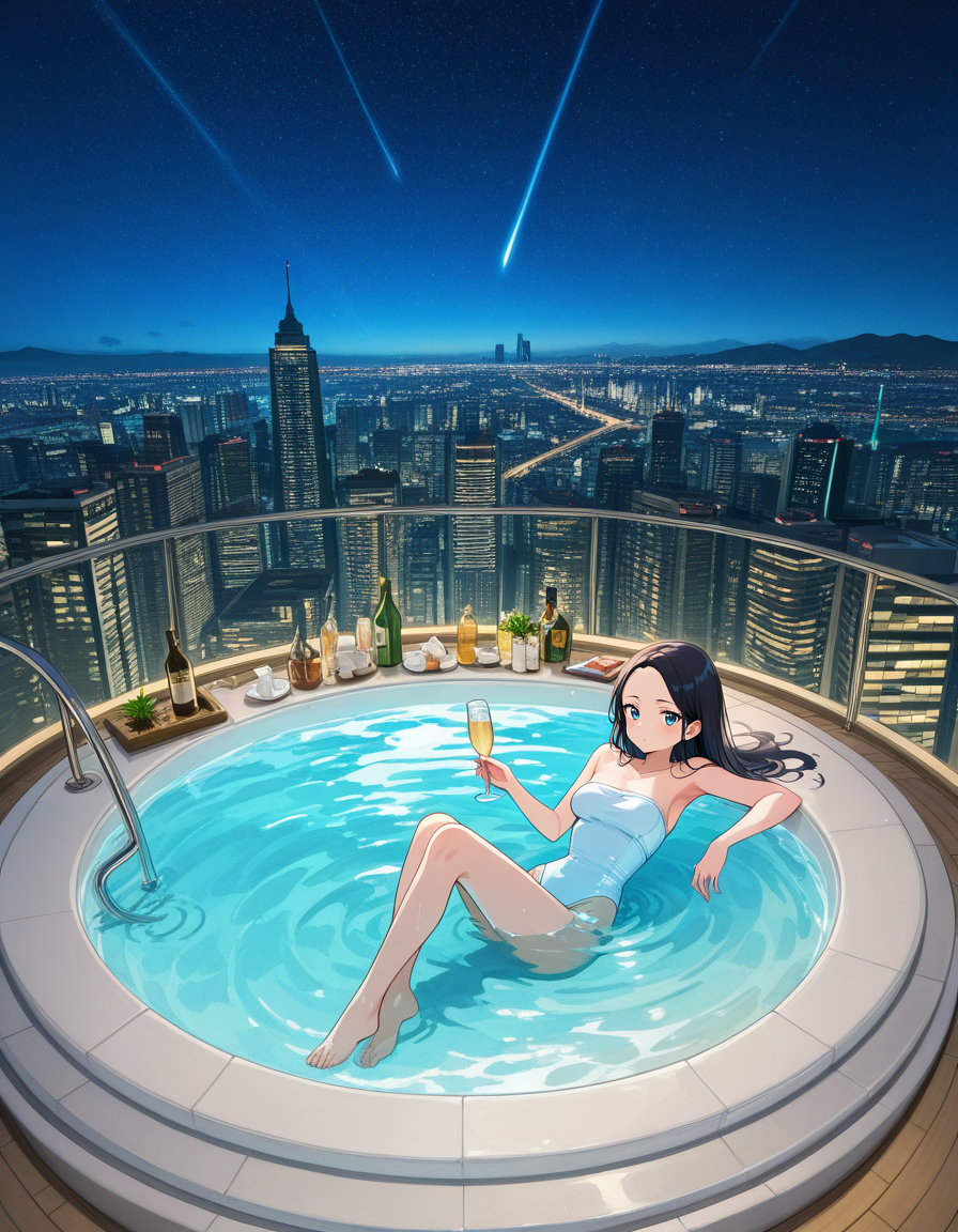 score_7_up, anime BREAK official art, solo, 1girl, one girl, 
BREAK <lora:Luxury_yacht:0.9>, Luxury yacht, 
hottub, bathtub, drink, champagne bottle, champagne glass, holding glass, 
city, city scape, skyscraper rooftop, flower, night, light up, outdoors, 
(masterpiece:1.3), best quality, high resolution, unity 8k wallpaper, extremely detailed CG, 8K, (watercolor \(medium\), muted color, sketch:1.1), perfect anatomy, highly finished, masterpiece, best quality, high quality, amazing quality, great quality, very aesthetic, ultra detailed, highres, absurdres, highly detailed, highly detailed background,