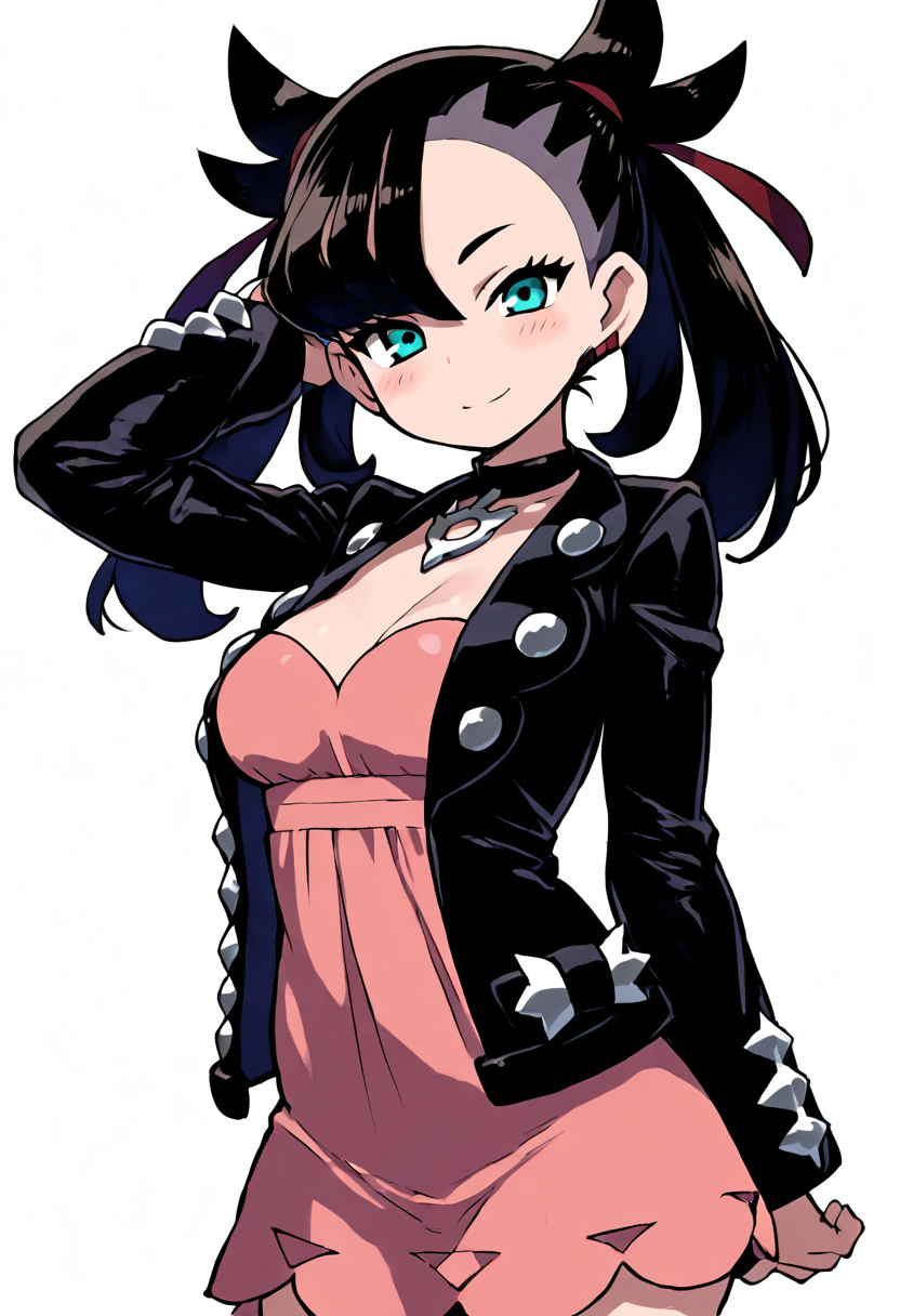 (masterpiece, best quality, good quality, very aesthetic, absurdres, newest:1.2), (curvy, medium breasts),  zzMarnie, aqua eyes,  black choker, red ribbon, pink dress, jewelry, black jacket, open clothes, long sleeves,  ,<lora:MarniePokemon_NAI_v2:1.0>,, smile, looking at viewer, cowboy shot,  <lora:ZankuroStyle_NAI:1.0>,