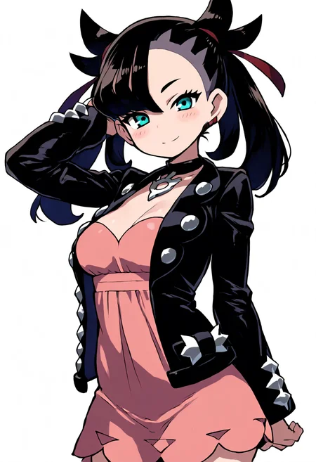 (masterpiece, best quality, good quality, very aesthetic, absurdres, newest:1.2), (curvy, medium breasts), zzMarnie, aqua eyes, black choker, red ribbon, pink dress, jewelry, black jacket, open clothes, long sleeves, ,<lora:MarniePokemon_NAI_v2:1.0>,, smile, looking at viewer, cowboy shot, <lora:ZankuroStyle_NAI:1.0>,