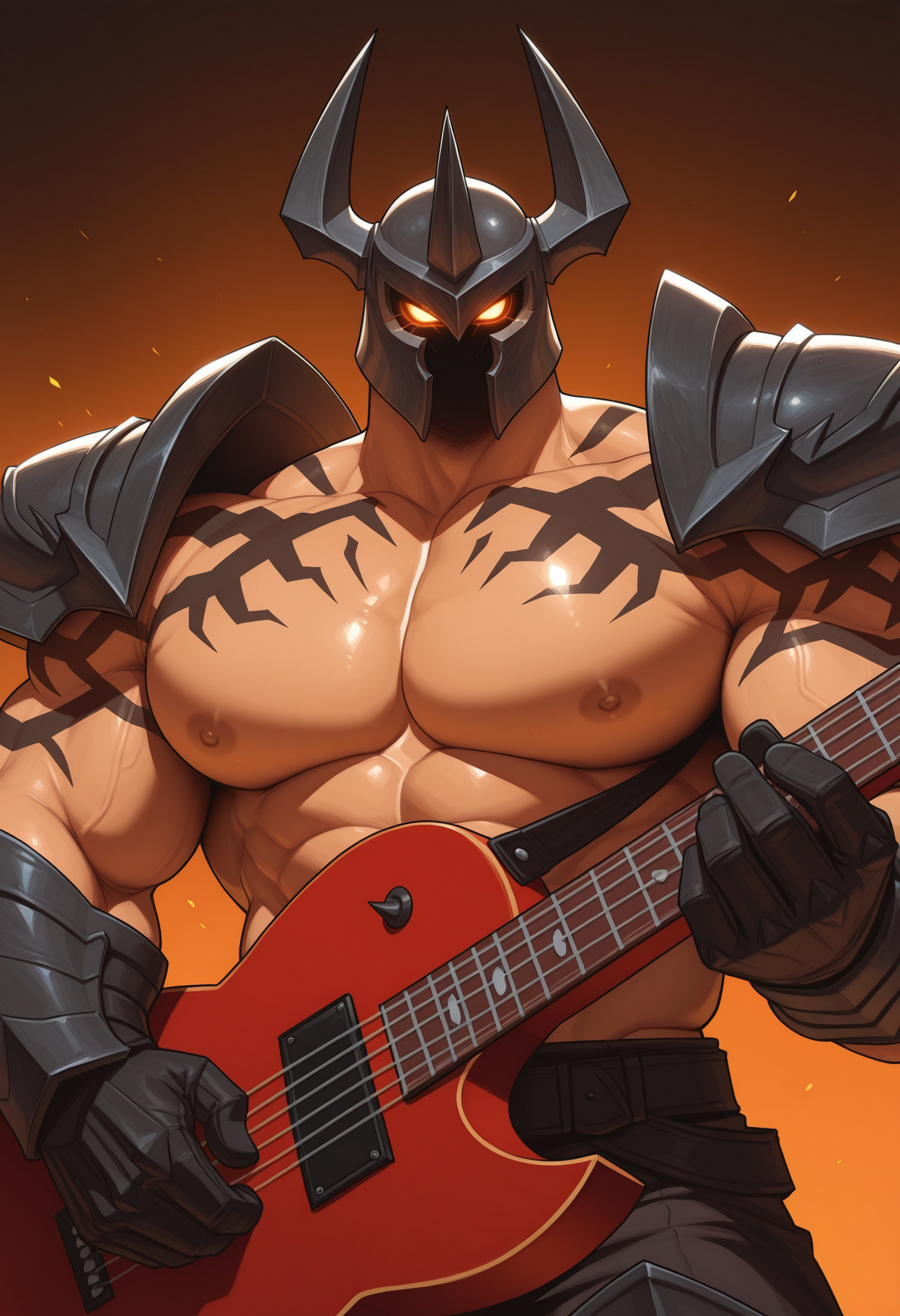 dark orange background, looking at viewer, solo, pentamorde, helmet, glowing eyes, tattoo, red guitar, shoulder armor, masculine, male focus, muscular, big pecs, nipples, broad shoulders, (thick thighs:0.7), perfect anatomy, masterpiece, high quality, best quality, highres, aesthetic  <lora:NOOB_vp1_detailer_by_volnovik_v1:1>  <lora:MordekaiserPentakill_LoL_V1_ILXL:1>