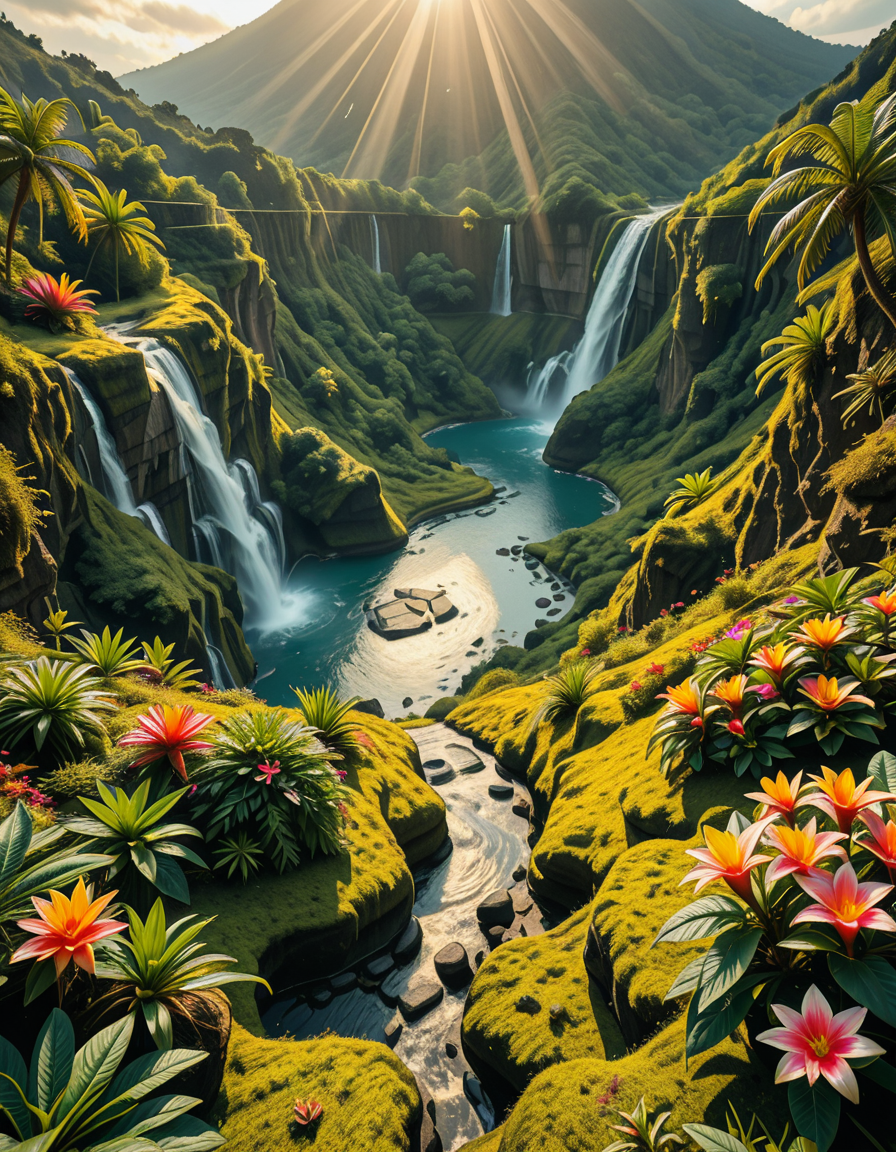 A breathtaking view of an ancient, dormant volcano now transformed into a lush, vibrant natural sanctuary. The crater is filled with dense tropical forests, colorful exotic flowers, cascading waterfalls, and mist swirling gently in the morning light. Vines and moss cover the dark volcanic rocks, and small streams wind down the slopes. while rays of sunlight pierce through the dense canopy, creating sparkling reflections on the water. The atmosphere feels peaceful, enchanted, and untouched by humans. The scene is depicted in an ultra-detailed, hyper-realistic style, with warm, soft lighting and rich, saturated colors that enhance the magical and serene mood of the landscape.
<lora:SDXLFaeTastic2400:0.4> <lora:extremely_detailed:0.4> extremely detailed,dormant v0lc4n0, <lora:dormant_v0lc4n0-i:1>, Masterpiece,best quality,hi res,8k,hi res,8k,award winning,(sharp focus, intricate, highly detailed),