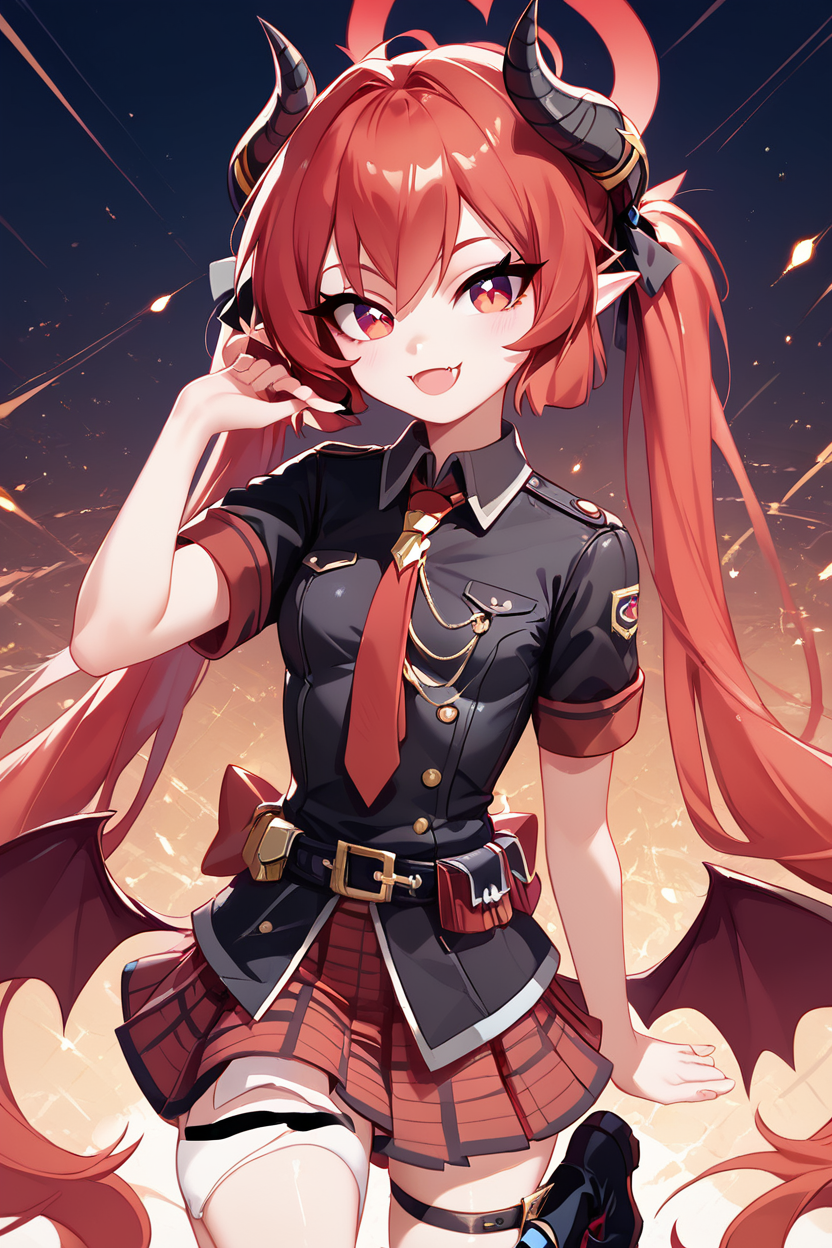 score_9, score_8_up, score_8, medium breasts, (curvy), cute, eyelashes,       BREAK, , ,,, zzJunko, red eyes, red hair,  red halo, horns, long hair, twintails, halo, demon horns, pointy ears, wings, hair between eyes, demon wings, very long hair, black horns, low wings,  ribbon black shirt, pleated skirt, red skirt, short sleeves, plaid skirt, red necktie, thigh strap, belt, fang, black footwear, boots, <lora:Junko_BlueArchive_PDXL:0.8>,   ,,,, BREAK, ,,, upper body, smile, looking at viewer, ,,, shiny skin, <lora:ProAnime_PDXL_v1:0.8>, night, soft shadows, moonlight reflecting off skin, whisper of wind, ,,, embedding:zPDXL, Expressiveh, <lora:SDXLFaeTastic2400:0.5>, <lora:Expressive_H-000001:0.4>,