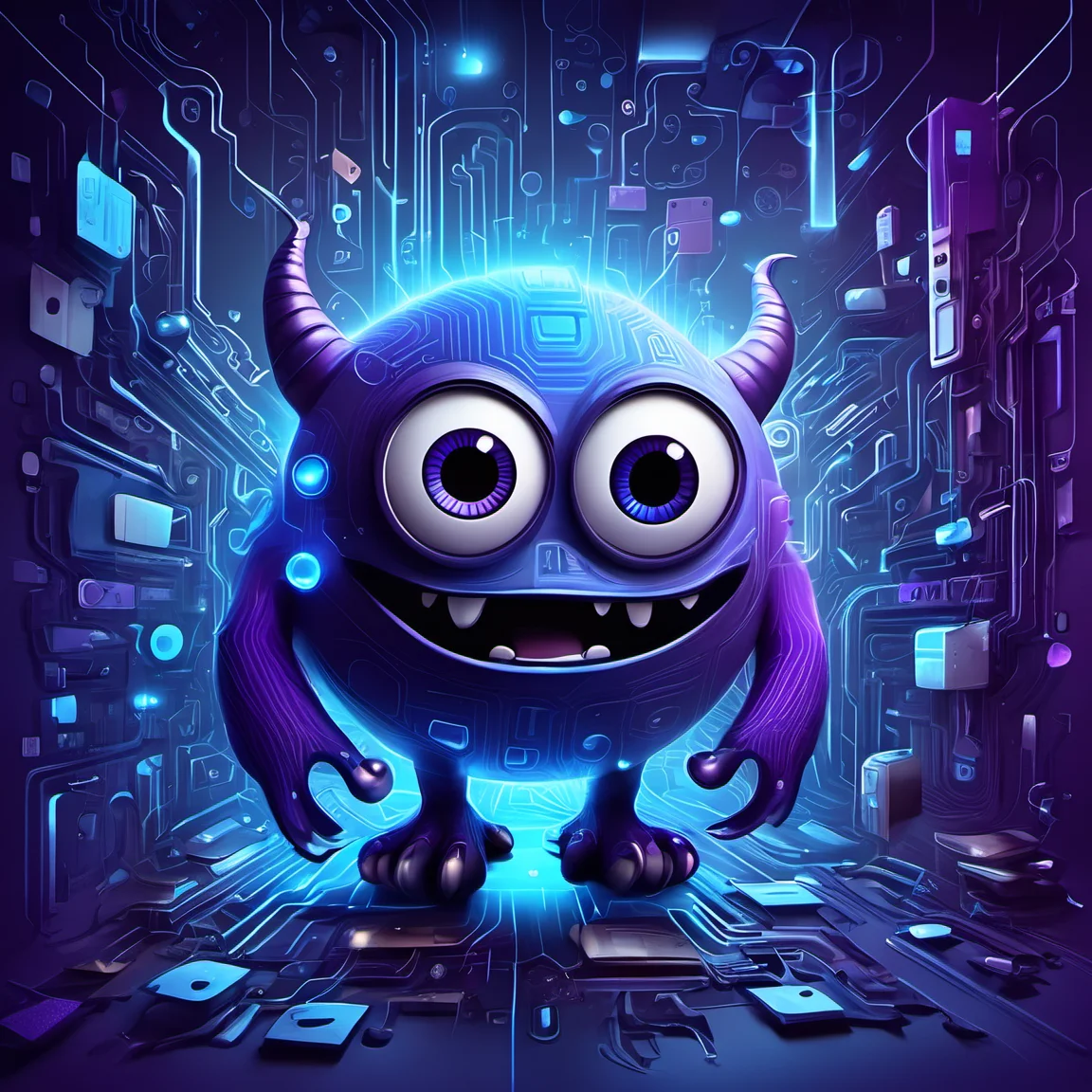 iccircuitart,blue and purple theme<lora:iccircuitart:1>, cartoon monster, cute, big eyes, big mouth, art by gediminas pranckevicius and Alexander Jansson, pixar, centered, dramatic lighting, glowing light, simple solid background, no background, detailed face, cinematic, illustration, no gradient, trending on a