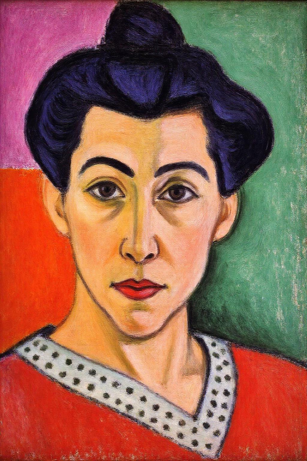 henrimatisse1 painting. 
A woman wearing a red blouse with a white v-neck collar with a pattern of black dots. Her dark hair is styled into a high bun. She is looking directly at the viewer. The background is divided into vibrant sections of pink, green, and orange. The person's hair is dark and styled in a bun, and they are wearing a garment with a white collar and a pattern of black dots. <lora:henrimatisse1_f16e11:1.0><lora:870738203231923738:0>