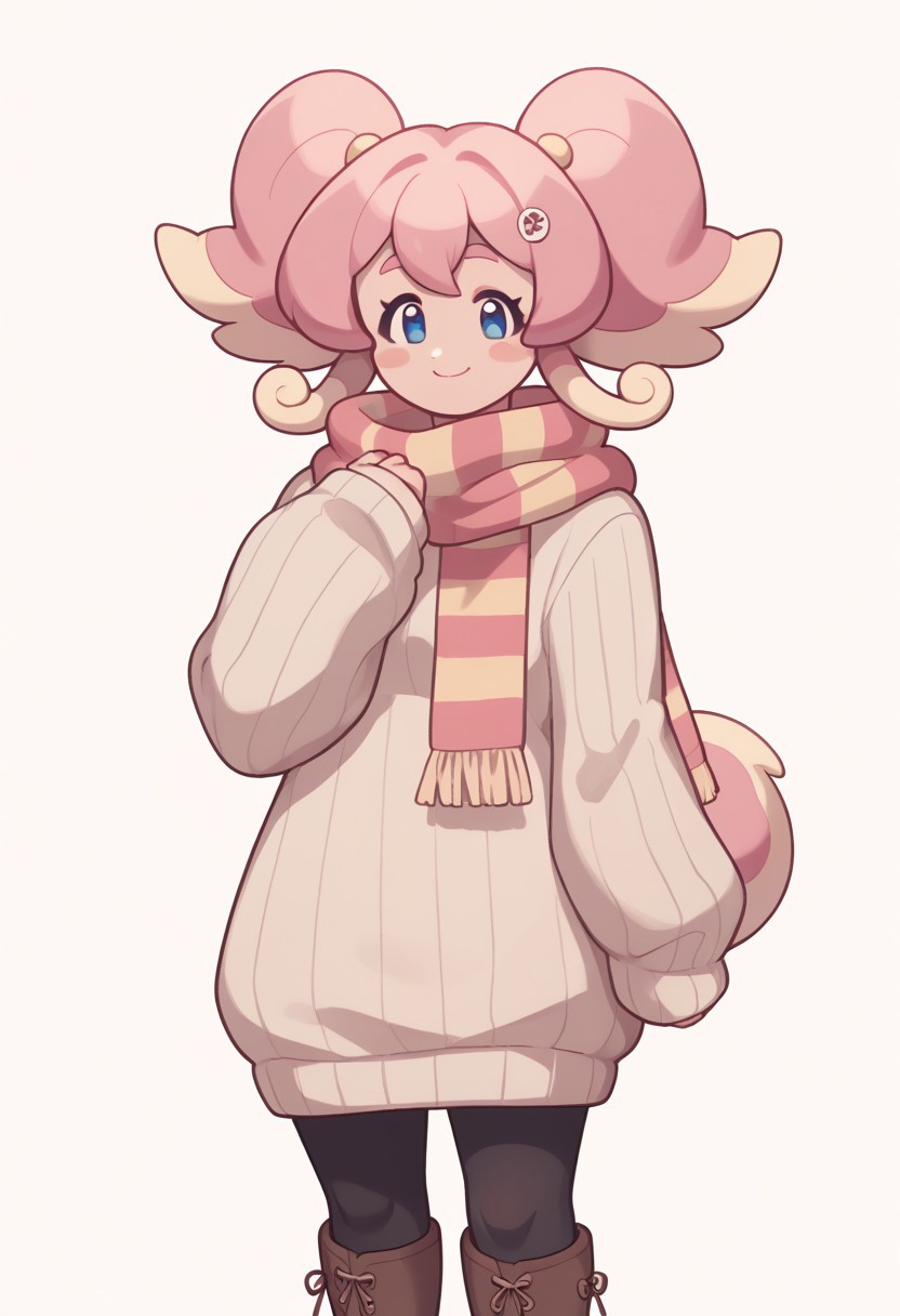 score_9, score_8_up, score_7_up, score_6_up, score_5_up, score_4_up, standing, looking at viewer, dynamic pose, simple background, 1girl, N3kolac3y, pink hair, two-tone hair, blue eyes, twintails,  striped scarf, ribbed sweater, black pantyhose, brown boots, sleeves past fingers, sweater dress, solo, smile, short tail