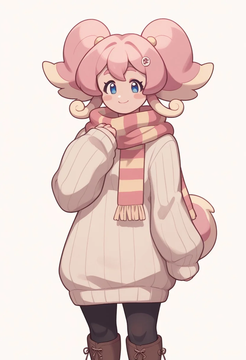 score_9, score_8_up, score_7_up, score_6_up, score_5_up, score_4_up, standing, looking at viewer, dynamic pose, simple background, 1girl, N3kolac3y, pink hair, two-tone hair, blue eyes, twintails, striped scarf, ribbed sweater, black pantyhose, brown boots, sleeves past fingers, sweater dress, solo, smile, short tail