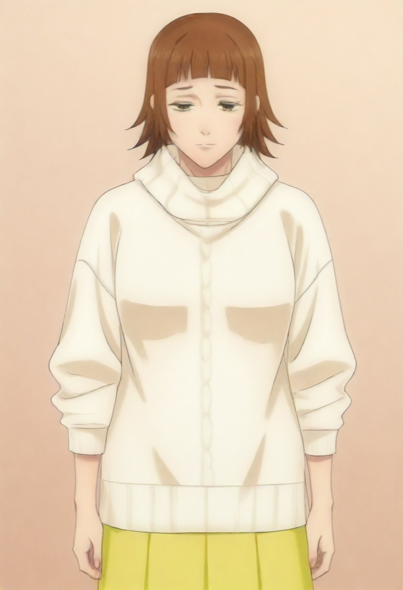masterpiece, best quality, amazing quality,,, shiny skin,,,,,,,,yuozawa, brown_eyes, brown_hair, short_hair, blunt_bangs,, turtleneck, white_sweater, long_skirt, yellow_skirt,