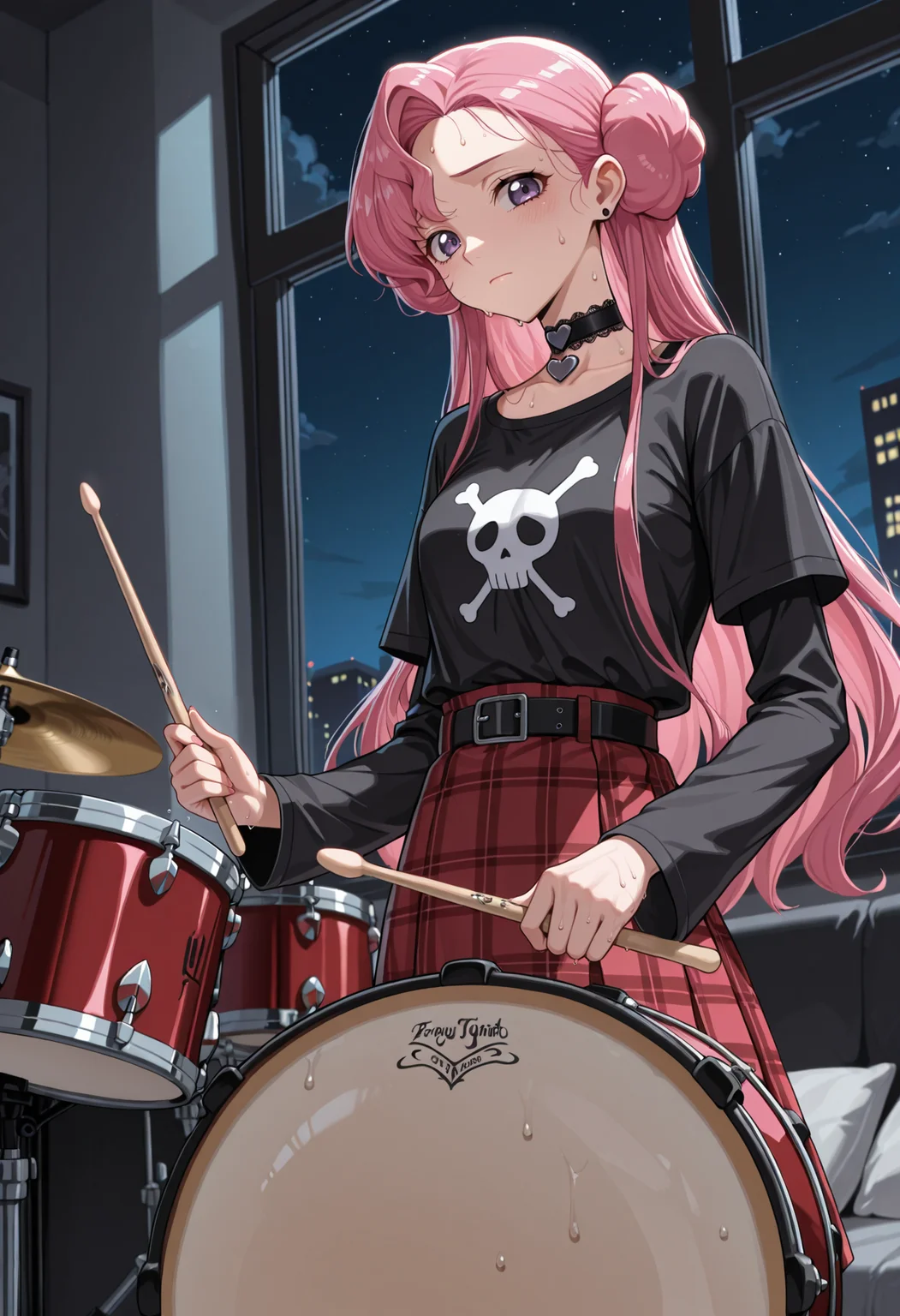 masterpiece, best quality, highres, absurdres, very awa, 1girl, solo, euphy, pink hair, double bun, doughnut hair bun, asymmetrical bangs, black belt, black choker, emo fashion, jewelry, lace-trimmed choker, lace trim, long sleeves, plaid clothes, plaid skirt, red skirt, black shirt, t-shirt, indoors, bedroom, drum, drum set, drumsticks, holding, holding drumsticks, playing drum, sweat, heavy sweating, dutch angle, purple eyes, heart choker, window, night sky, pillow, looking at viewer, closed mouth