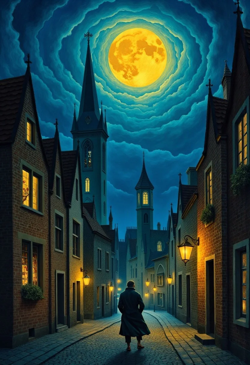 Under a vast, swirling sky, a moon unlike any other hangs heavy above a Flemish old town. It glows in twin hues—half golden like molten metal, half an eerie, luminescent blue, casting an otherworldly light over the cobblestone streets. The town, with its stepped-gable houses and towering spires, looks untouched by time, yet something feels... altered.
In the winding alleys and flickering candlelit windows, strange faces emerge—etched into the bricks, reflected in puddles, hidden in the gnarled patterns of wooden doors. Some smile knowingly, others whisper in silence, their expressions shifting when glanced at from the corner of the eye. A man in a tattered coat walks through the square, his own face flickering between ages—one moment young, the next ancient, as if he is unstuck in time.
A procession of masked figures draped in dark velvet moves toward the town’s cathedral, their lanterns casting shifting, elongated shadows. As the clock tower strikes midnight, the faces on the walls blink in unison. The golden-blue moon pulses, and for a brief moment, the entire town exhales—breathing as if it were alive.