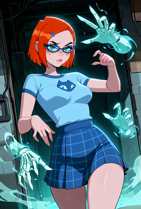 <lora:gwennerd-10:1> gwennerd, 1girl, solo, medium breasts, glasses, orange hair, short hair, hairclip, blue-framed eyewear, blue shirt, short sleeves, freckles, blue skirt, plaid skirt, green eyes, <lora:chill_touch:1> chill_touch-(magic), outstretched hand, skeletal disembodied hand, solo, floating hand, claws, masterpiece, best quality, amazing quality, very aesthetic, absurdres, newest,