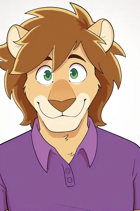 masterpiece, best quality, amazing quality, very aesthetic, absurdres, newest, 2D, portrait shot, school photo, solo, 1boy, anthro, male, looking at viewer, lion, furry, paddlep0p, golden fur, green eyes, relaxed eyes, brown messy hair, soft smile, neat appearance, front-facing pose, relaxed posture, wearing a polo shirt, clean fur, white background<lora:waiNSFWIllustrious_v110:1> <lora:Paddle_Pop:1>