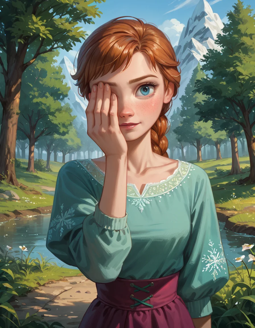 score_9, score_8_up, score_7_up, score_6_up, score_5_up, score_4_up, hud_illum1nat2, hand over eye, solo, 1girl, anna_\(frozen\), outdoors <lora:hud_illum1nat2_XLP:1>,