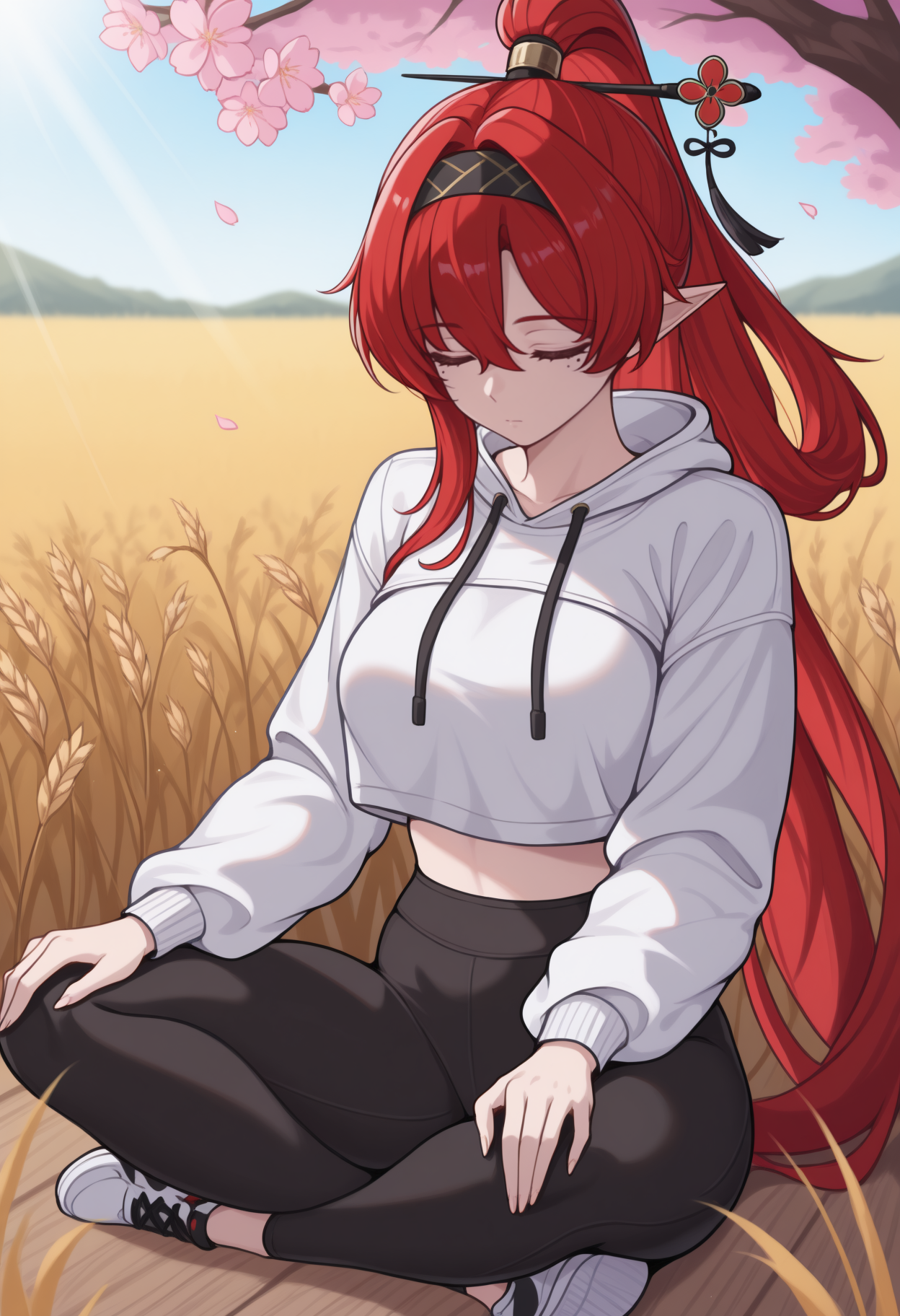 masterpiece, best quality, solo, 1girl, yinl1n, mole under eye, expressionless, looking down, sitting, on ground, indian style, hands on own knees, meditation, long hair, red hair, hair between eyes, ponytail, hair stick, black hairband, pointy ears, closed eyes, white hoodie, cropped hoodie, hood down, drawstring, long sleeves, black pants, yoga pants, tight pants, sneakers, outdoors, wheat field, cherry blossoms, sunlight
<segment:yolo-Anzhc Face seg 640 v2 y8n.pt,0.4,0.5//cid=1>