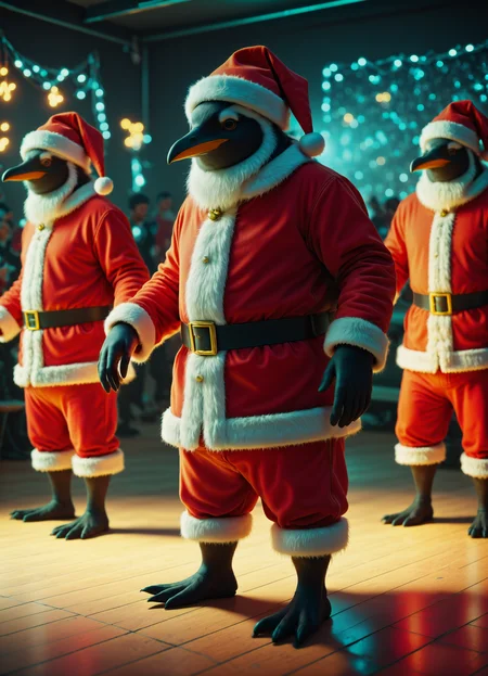 <lora:Santa_Penguin_SDXL:1> s4nt4p3ngu1n, santa hat,santa suit, at a  (dance party:1.5) <lora:envyStarlight_v10:0.8> <lora:add-detail-xl:1> <lora:sss:0.8> subsurface scattering, sss <lora:FuturisticInteriorStyle:0.8> Jed-FutInt, Futuristic