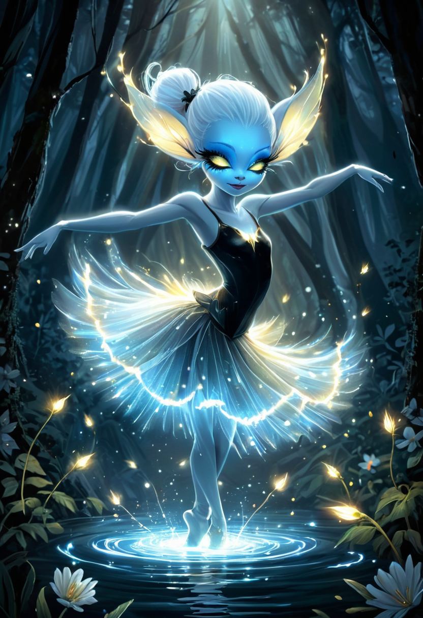 <lora:artfullyEIGHLEIGHEN SDXL V1_epoch_4:1>,artalien, , A cute alien ballerina dancing in the style of League of Legends splash art, A cute alien girl with blue skin and glowing eyes in a white tutu dancing on the river. The art has a fantasy style with the digital painting showing glowing light from under her feet. She wears a white flower petal dress with a dark forest background. It is a high resolution, a white tutu and hair in elegant swirls standing on her tiptoes surrounded by fireflies dancing around her in the dark forest. She is surrounded by trees that have flowers for leaves. The lighting casts soft shadows over her, creating a magical atmosphere in the style of an illustration., hyper realistic digital illustration with cinematic lighting in the style of rossdraws. The piece has smooth brush strokes characteristic of fantasy character design., with a white flower glowing behind her in a dark forest at night, white tutu with yellow and pink accents