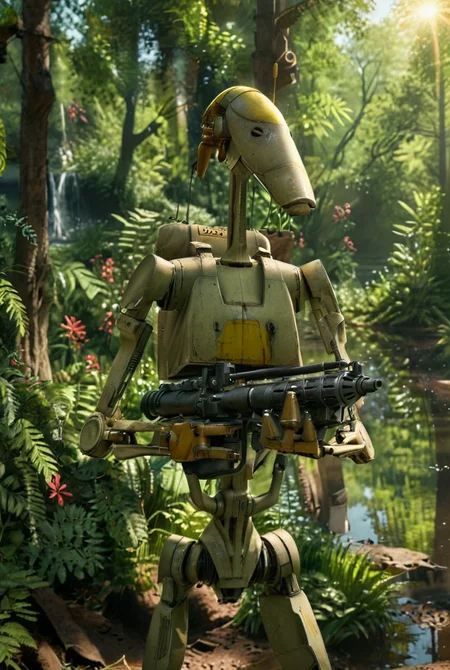 B1 droid holding gun in forest, realistic water effects, sun rays, realistic lighting, beautiful environment, shrubbery, reflections
<lora:B1 Droid v1.0:1> <lora:add-detail-xl:0.5> <lora:xl_more_art-full_v1:0.3>