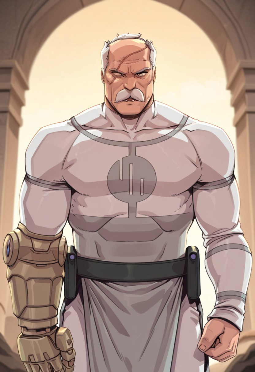 masterpiece, best quality, newest, absurdres, highres, d-rex, d-rex style, 
 1boy, Conquest-ISV-V1.0 old man, white hair, mustache, facial hair, scar, blind eye, single mechanical arm,