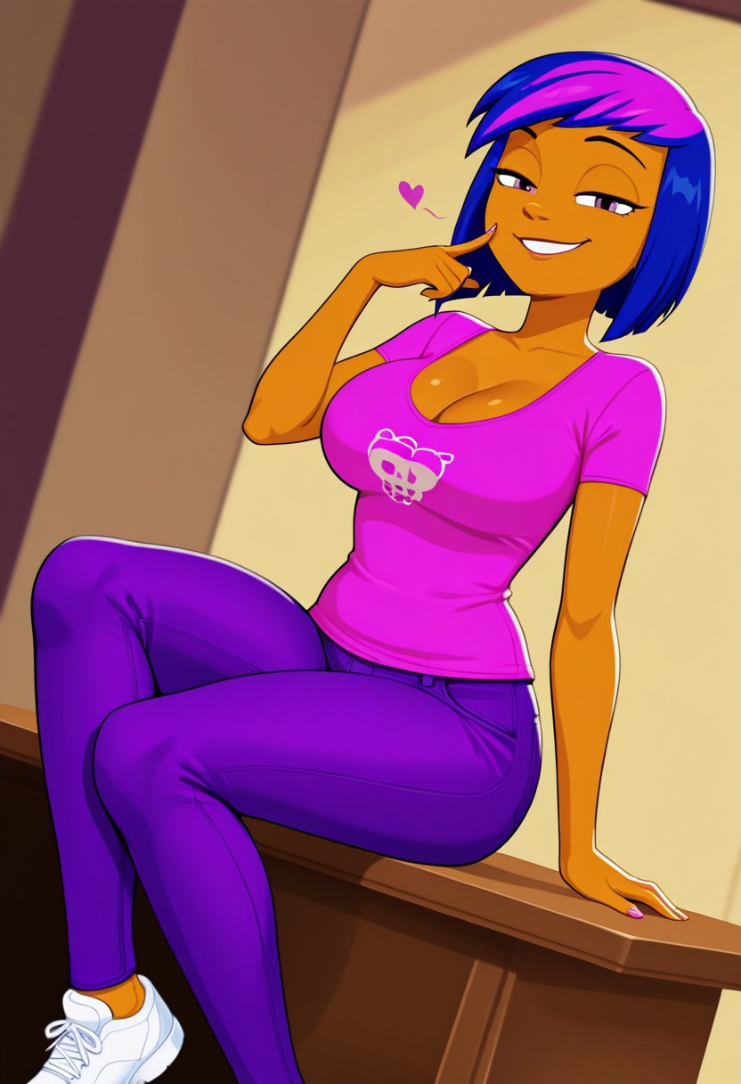 1 girl, solo, multicolored hair, blue hair, short hair, tan skin, pink t-shirt, purple jeans, white shoes, smiling, looking at viewer, sitting, sitting on desk, sexy, seductive, teasing, flirting, tall, tall height, mature, cleavage,
