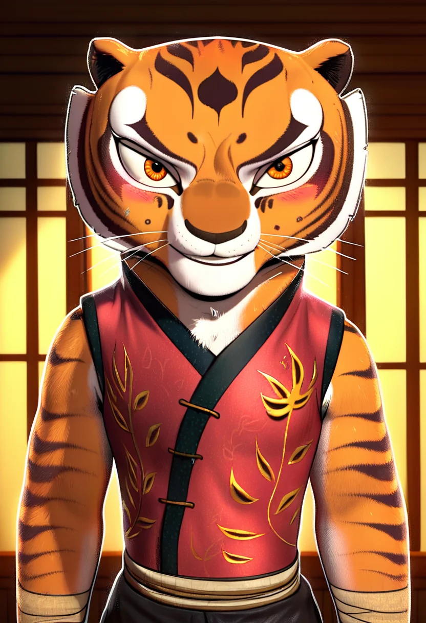 zPDXL, score_9_up, score_8_up,_7_up, score_6_up, score_5_up, score_4_up ,source_furry, best quality, amazing quality, masterpiece, 1girl, looking at viewer, solo, blush, seductive smile, sexy pose, indoors, dojo, chinese architecture, master tigress, tiger stripes, amber eyes, tigress, tiger tail, animal ears, traditional red chinese vest, sleeveless, black silk pants, bandages, black sandals, <lora:MasterTigress:0.8>, d-art style, <lora:D-ART_ArtStyle:1>, close, face focus, upper body
