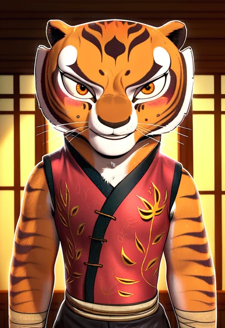 zPDXL, score_9_up, score_8_up,_7_up, score_6_up, score_5_up, score_4_up ,source_furry, best quality, amazing quality, masterpiece, 1girl, looking at viewer, solo,  blush, seductive smile, sexy pose, indoors, dojo, chinese architecture, master tigress, tiger stripes, amber eyes, tigress, tiger tail, animal ears, traditional red chinese vest, sleeveless, black silk pants, bandages, black sandals,  <lora:MasterTigress:0.8>,  d-art style, <lora:D-ART_ArtStyle:1>,   close, face focus, upper body
