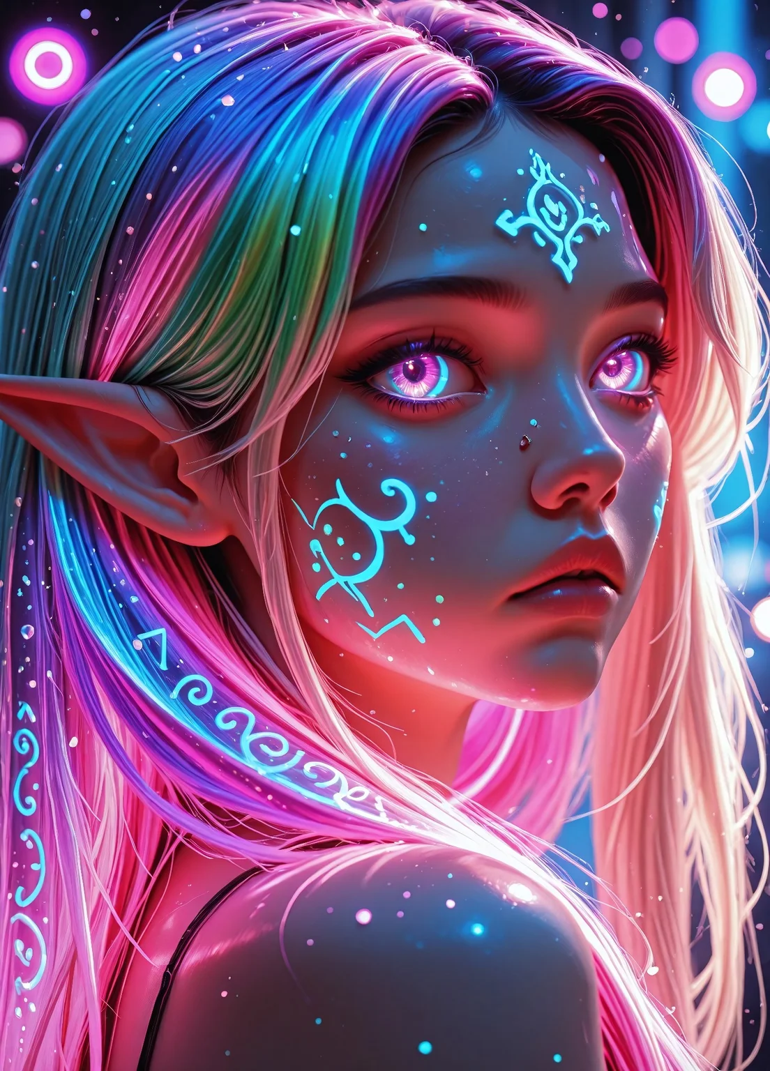 (face close-up:1.7), head only, sideview, extreme zoom-in, ultra detailed ethereal elven face, glowing bioluminescent skin, (ethereal skintextures:1.2),(excessive glowing runes on face:1.6), intricate glowing facial tattoos, mystical radiant light, (ethereal rainbow colored glowing hair:1.4), (ethereal rainbow colored glowing eyebrows:1.4),ethereal glowing makeup,long curved elf ears, neon light reflection on cheeks, cinematic lighting, fantasy portrait, amethyst eyes with gold flecks, glowing eyes, iridescent aura, magical energy shimmer, jellyfish glow effect, cyberpunk glow, ethereal fantasy style, high fantasy, Semi real