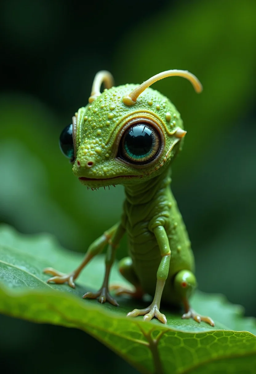 cinematic film still Extraordinary portrait of microscopic unknown little small adorable alien species over green leaf style of high alien fashion professional photography, 8k, beauty . shallow depth of field, vignette, highly detailed, high budget, bokeh, cinemascope, moody, epic, gorgeous, film grain, grainy