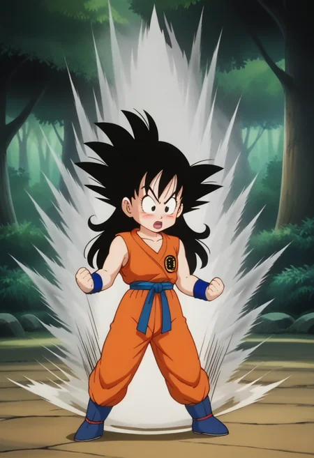 score_9, score_8_up, score_7_up , , source_anime, intricate details, masterpiece, high quality, prefect hands, best quality,, 1girl, solo , anime screencap,
,Martial Arts , forest,
, GGoku , black hair, black eyes, big eyeballs , spiked hair , long hair , eyelash , lips , cute , blush , small breast , chibi , <lora:GGoku-000003:0.7>,
orange dougi, blue sash, blue wristband, sleeveless , orange pants, orange topwear, <lora:DBKiCharge_XLPD:1> , white aura, fighting stance, clenched hands, full body , open mouth