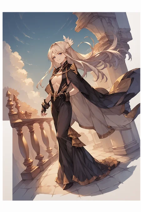 score_9, score_8_up, score_7_up, , rating_general,1girl ,epfm, feather hair ornament ,evening gown, epaulettes, gold trim, gold chain, cloak, no bra, center opening, plunging neckline, fingerless gloves, black legwear, dynamic angle , source_anime,  cowboy shot, smile, <lora:EnterprisePDCAMEcomplete AL:1>, full portrait, volumetric, facing viewer, <lora:GBFSplashArtXLPDv2:1> , gbsa, splash art