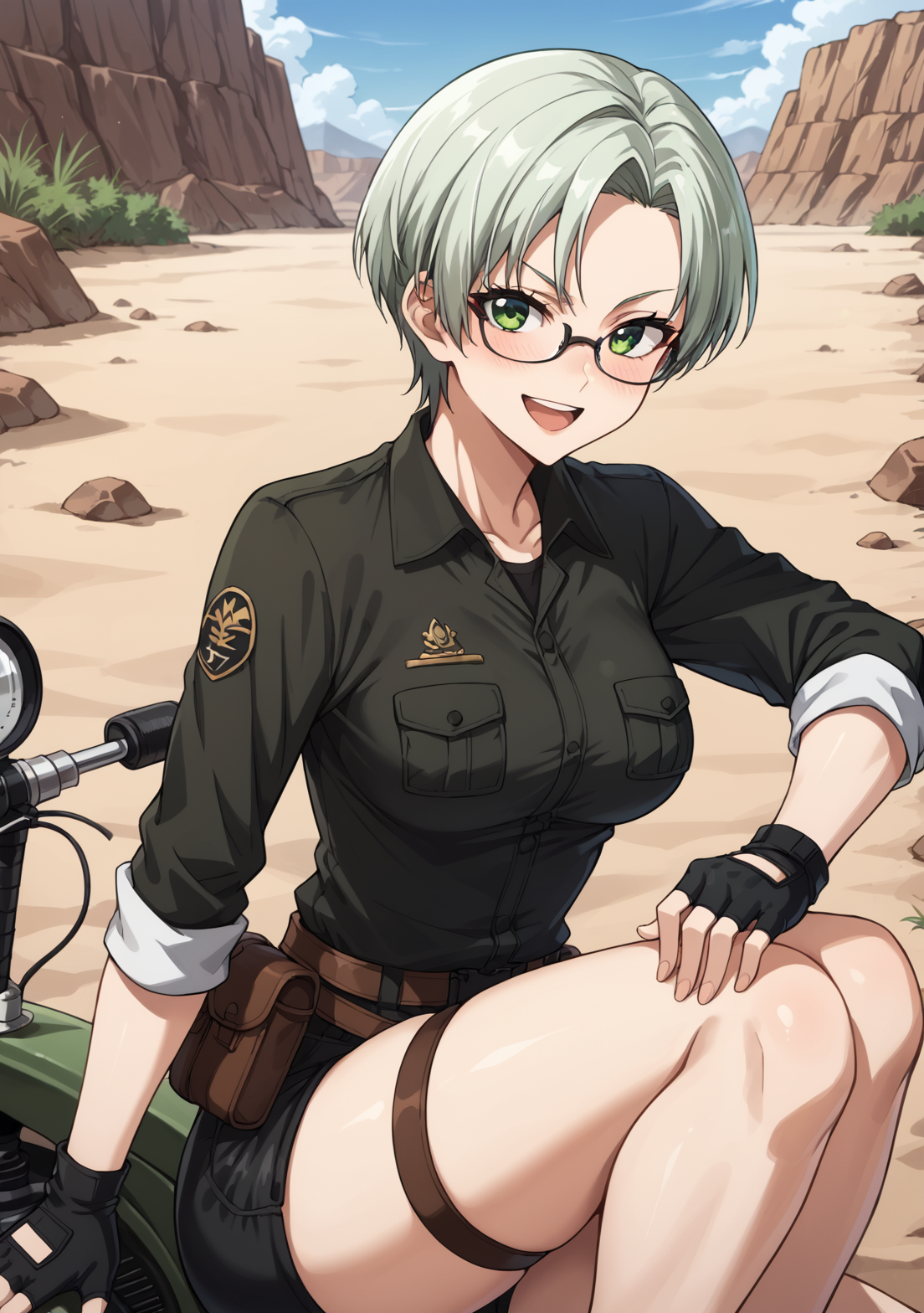 score_9, score_8_up, score_7_up, source_anime, BREAK, Rei Lusa_(ossan newbie adventurer), 1girl, solo, nose, light green hair, short hair, medium breasts, thick thighs, thigh strap, green eyes, smiling, looking at viewer,  smiling, fingerless gloves, black gloves, smug, open mouth, teeth, blushing, black shorts, ((black shirt)),  black military uniform, brown pouch, sitting on sand, holding knee, one knee up, ((tilted camera)), scenery, desert hills,  sleeves rolled up, desert, motorcycle , eyewear on forehead, <lora:Rei_Lucas_ã¬ã¤ã«ã¼ã«ã¹_-_The_Ossan_Newbie_Adventurer-000015:0.8>
