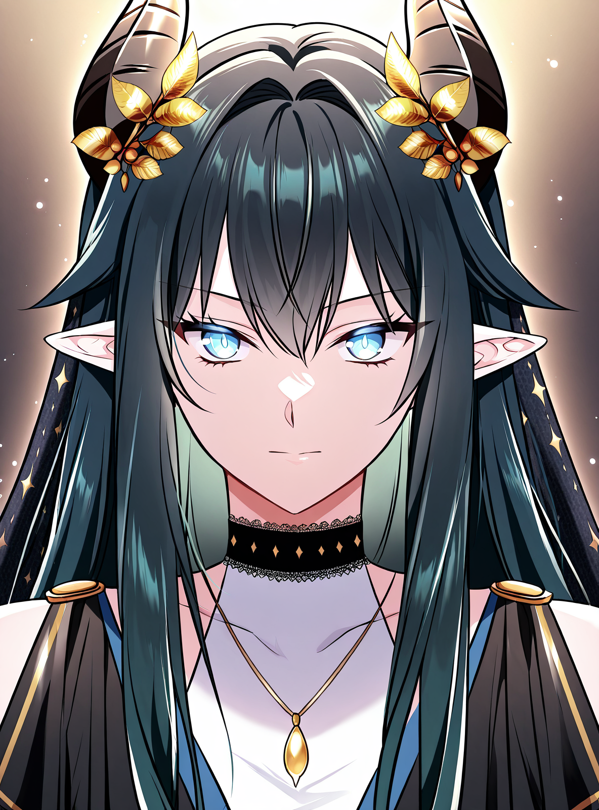 <lora:Regressor_Instruction_Manual__Dialugia:1>
1 girl, solo, long hair, straight hair, black hair, greenish blue hair, gradient hair, bangs, hair ornament, golden flowers, elf ears, horned girl, horns, 
white dress, black outer robe, blue lining, blue trim, black cloak, starry cloak, layered outfit, black and gold accents, golden trim, choker, black choker, sleeveless dress, long dress, open cloak, necklace, blue rose bracelet
score_9, score_8_up, score_7_up, score_6_up, source_anime, rating_explicit, masterpiece, best quality, intricate details, gothic fantasy, upper body portrait, dramatic pose, confident gaze, cinematic lighting, clean background, glowing magical particles, detailed face, vibrant colors