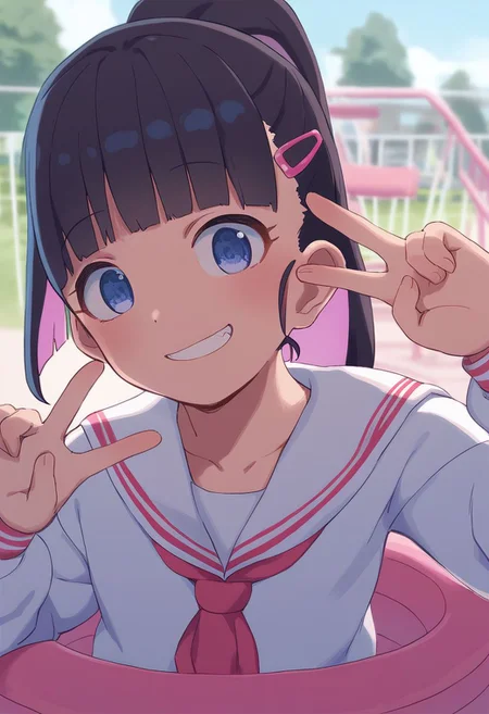score_9, score_8_up, score_7_up, bbka_style,
1girl, solo, hime cut, pastel hair, blue eyes, hair clip, ponytail, looking at viewer, v, smiling, playground, school uniform, <lora:bbka_pdxl5:1>