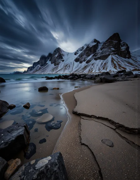 A long exposure shot from the side, capturing a serene landscape of a rocky shoreline with snow-covered mountains in the background. the sky is filled with dark, stormy clouds, creating a dramatic contrast with the light reflections on the water and the sand. the mountains are silhouetted against the night sky, with their peaks reaching up towards the horizon. the water is calm and still, reflecting the light from the storm. the sand is smooth and reflective, creating ripples in the water. the overall mood is one of tranquility and serenity, with the dramatic lighting creating a sense of depth and dimensionality. <lora:Landscapes_II_epoch_8:0.9>