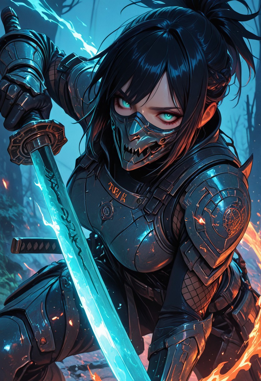 (masterpiece), (best quality), (8k), 1girl, cinematic lighting, dynamic action pose, highres, very detailed, amazing quality, masterpiece, fujimoto_tatsuki, fujimoto_tatsuki_(style), 
very aesthetic, intense,
particle effect,
1girl, shadowheart, samurai, solo, layered samurai armor, engraved, bodysuit, tight clothing, fishnets, sleeveless, futuristic armor, runic symbols etched in armor, armored legs, full mask, halfmask, flaming katana, 
assassin theme, japan theme,
looking at viewer, tough pose,
mountains, 
at night, night, close up, closeup,