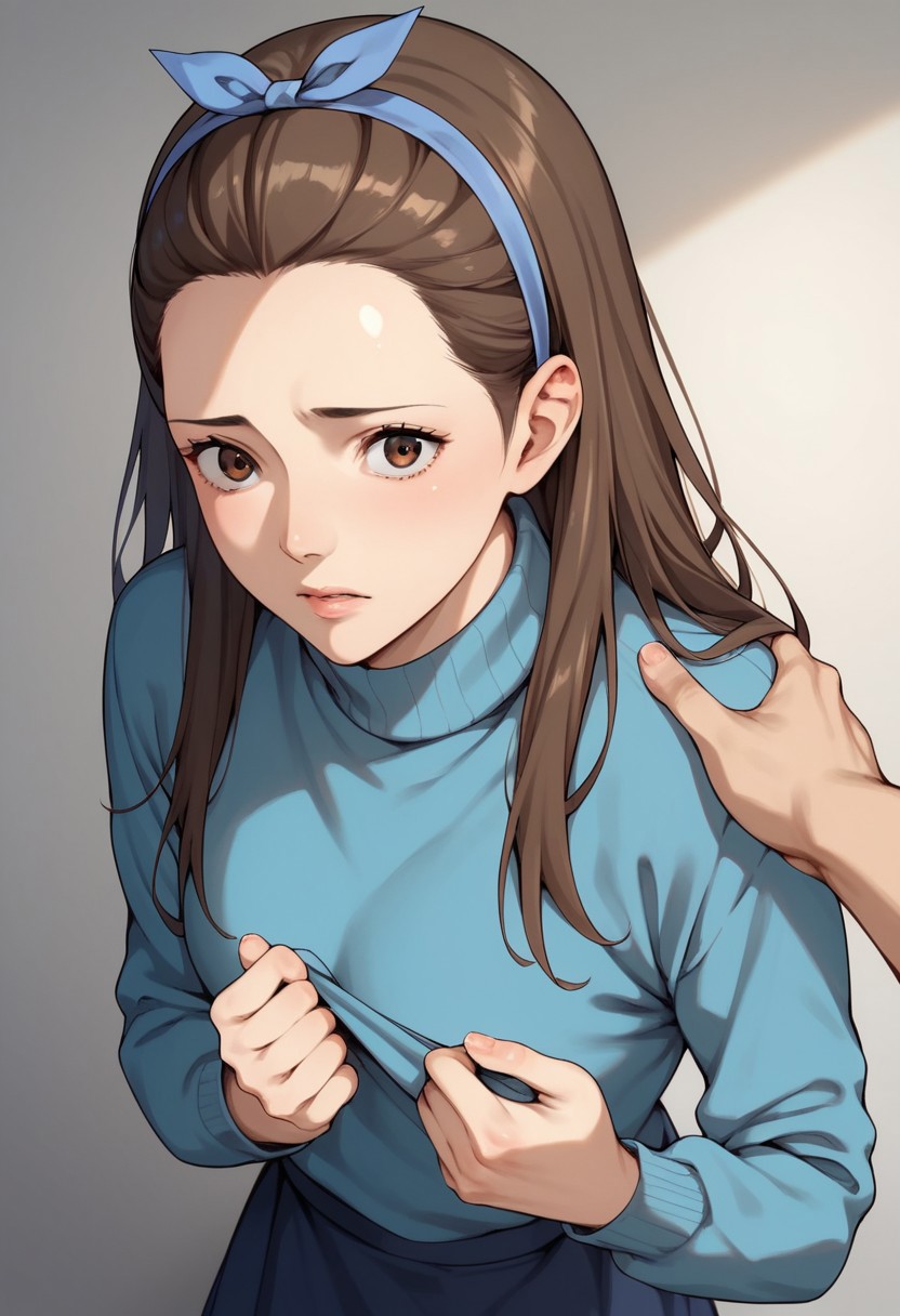 score_9, score_8_up, score_7_up, deep skin, shiny skin, source_anime, high quality, highres, KazukoMorinakaHB, 1girl, long hair, brown hair, brown eyes, hair slicked back, blue headband, hair ribbon, blue shirt, sweater, turtleneck, long sleeves, dark blue skirt, solo, worried, pov,